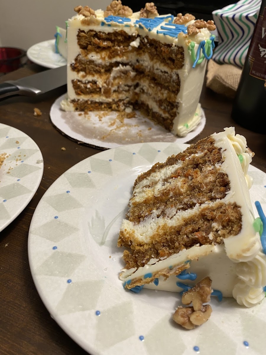 Amazing gluten free carrot cake with cream cheese frosting.