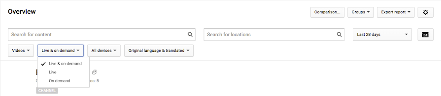 Options to sort data are in the 'Live & on demand' drop-down in YouTube Analytics