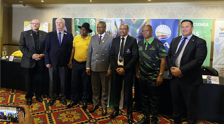 From left, United Independent Movement leader Neil de Beer, Freedom Front Plus leader Pieter Groenewald, Isanco’s Zukile Luyenge, the IFP’s Velenkosini Hlabisa, Spectrum National Party leader Christopher Claassen, ActionSA’s Herman Mashaba and DA leader John Steenhuisen in Kempton Park, August 17 2023. Picture: SISANDA MBOLEKWA