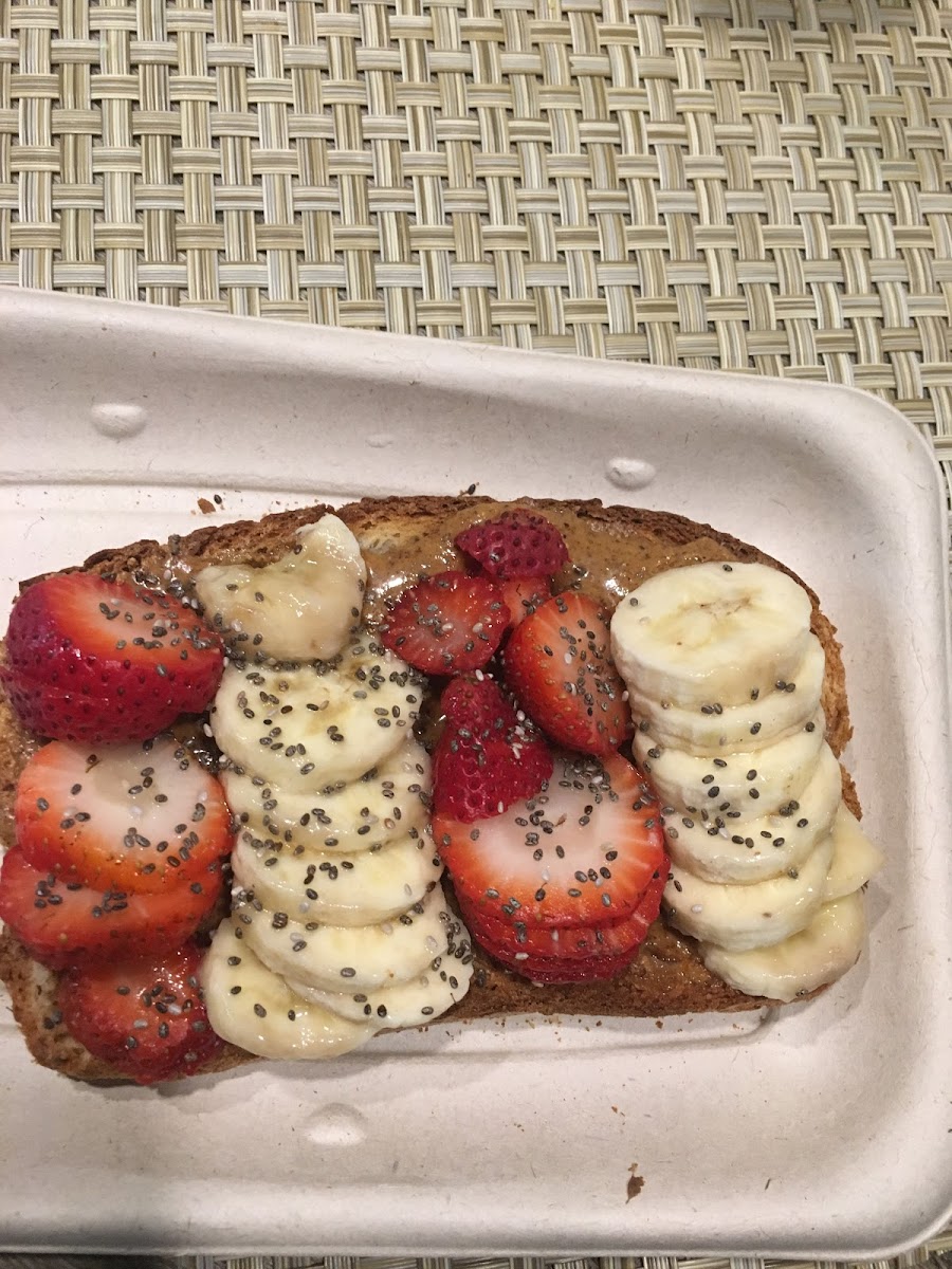 GF almond butter toast with bananas, strawberries, agave and chia seeds!