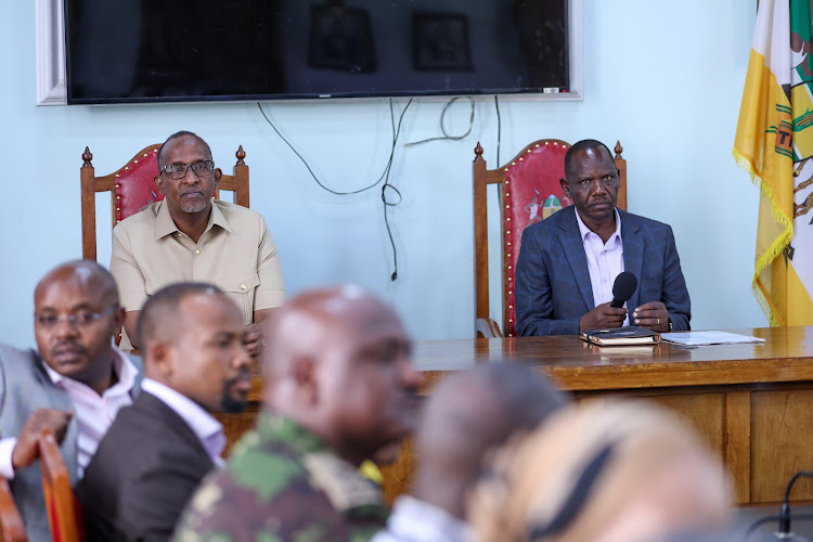 Defence Cabinet Secretary Aden Duale chairing a meeting with Uasin Gishu county leadership, the Ministry of Lands, Residents and National Government Administration Officials in Eldoret on March 28, 2024