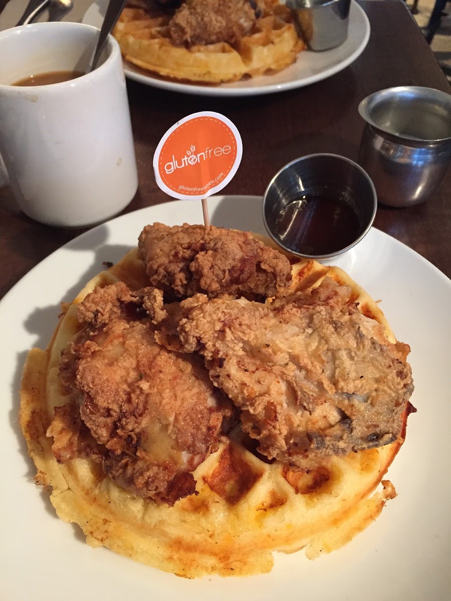 They can make anything on the breakfast/brunch menu gluten free, they understand cross contamination and as you can see they flag gluten free meals. Delicious chicken and waffles!