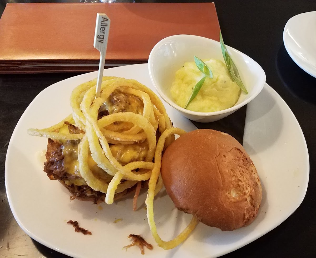 GF pulled pork sandwich with mashed potatoes