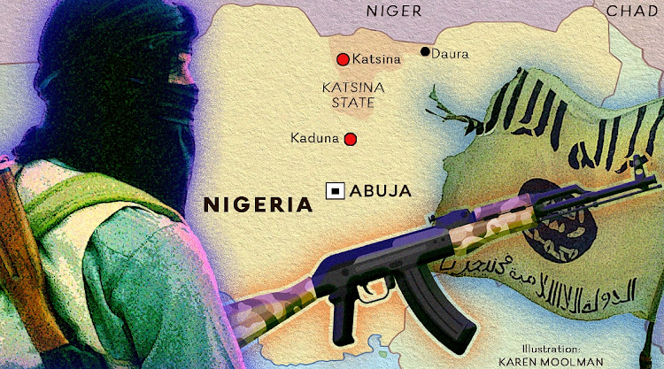 Banditry rooted in northwestern Nigeria has rapidly evolved into a well-armed insurgency — with evidence of growing ties with Boko Haram jihadists. Recent assaults include, attacks on military bases, state institutions, a commuter train, an international airport and on the president’s motorcade. Illustration: KAREN MOOLMAN
