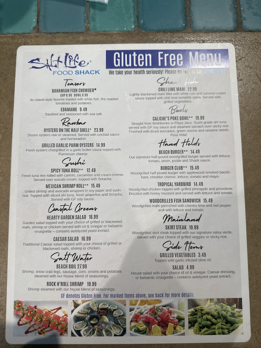 Salt Life Food Shack gluten-free menu