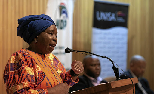 Minister Nkosazana Dlamini-Zuma delivering the fourth annual National Development Plan (NDP) lecture at Unisa yesterday.