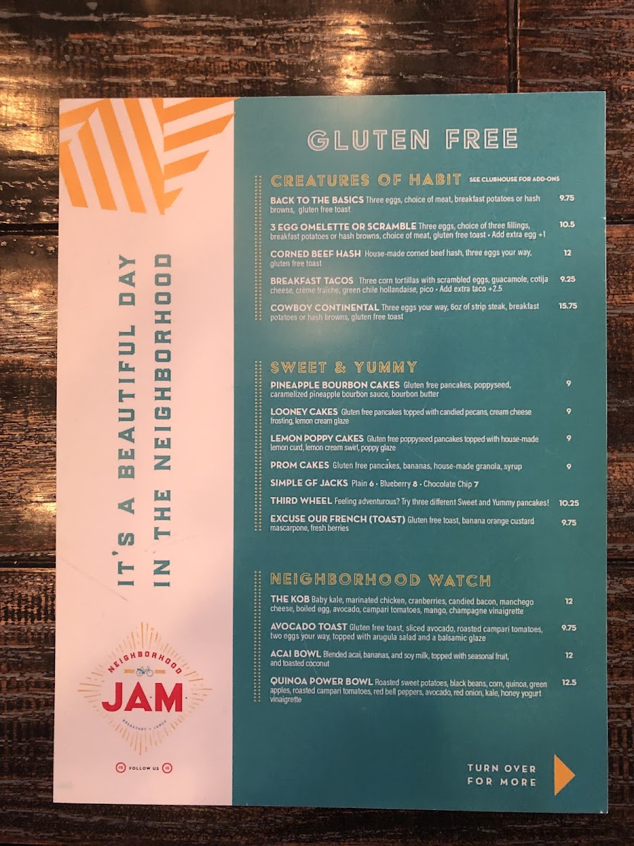 Neighborhood JAM gluten-free menu