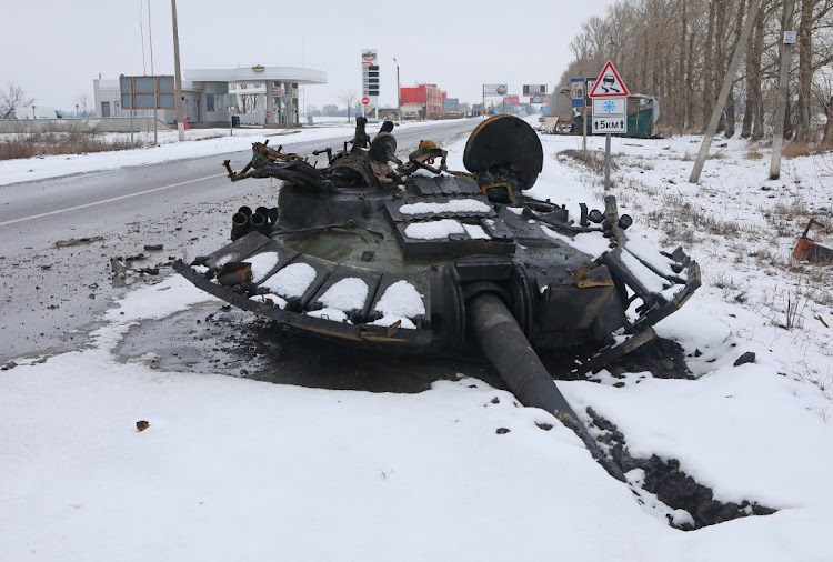 The turret of a destroyed tank is seen on the roadside in Kharkiv, Ukraine, on February 26. Picture: REUTERS/VYACHESLAV MADIYEVSKYY