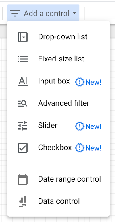 The Add a control menu displays the new control options for Input box, Slider, and Checkbox.