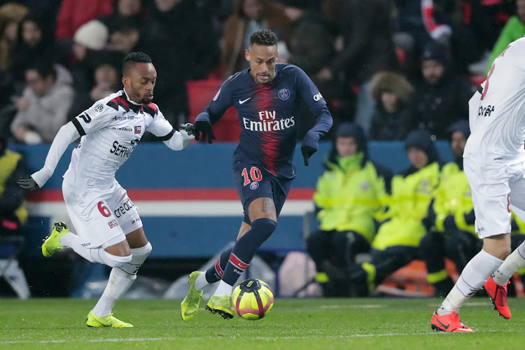 South Africa's Lebogang Phiri of Guingamp, Neymar Jr of Paris Saint Germain during tussle for the ball during the French League 1 match at the Parc des Princes on January 19, 2019 in Paris.