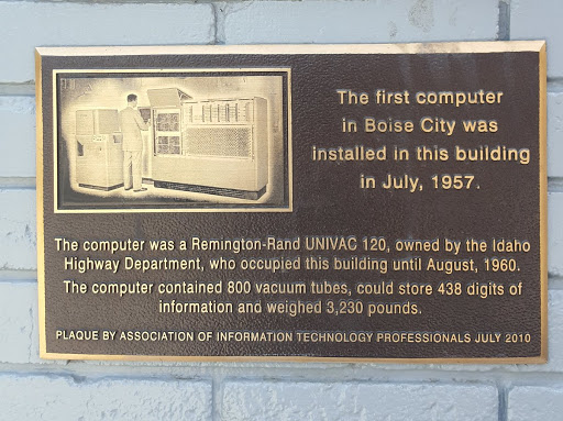 The first computer in Boise City was installed in this building in July, 1957. The computer was a Remington-Rand UNIVAC 120, owned by the Idaho Highway Department, who occupied this building until...