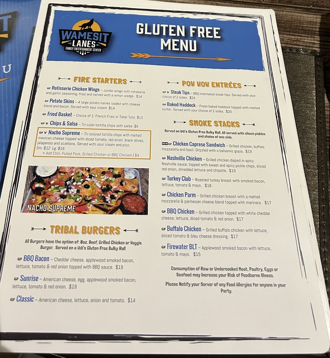 Wamesit Lanes gluten-free menu