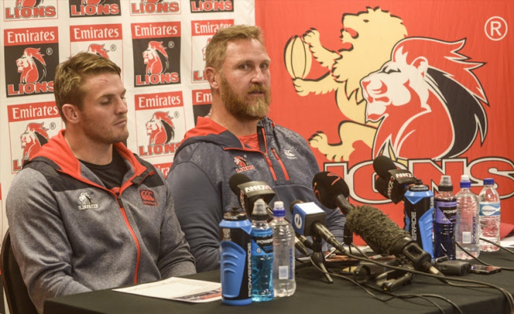 Lions's head coach Johan Ackermann (R) and captain Jaco Kriel during the Emirates Lions team announcement at Emirates Airline Park on July 27, 2017 in Johannesburg, South Africa.