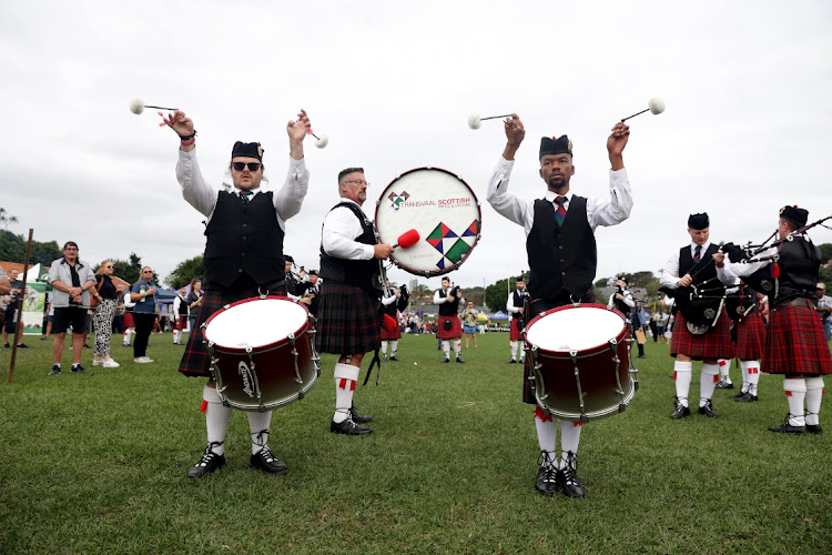 Transvaal Scottish Pipes & Drums performing at the Highland Gathering in Hutchison Park Sport Grounds