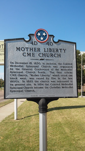 This plaque is located in front of Mother Liberty CME Church. It reads: MOTHER LIBERTY CME CHURCHOn December 15, 1870, in Jackson, the Colored Methodist Episcopal Church was organized by the...