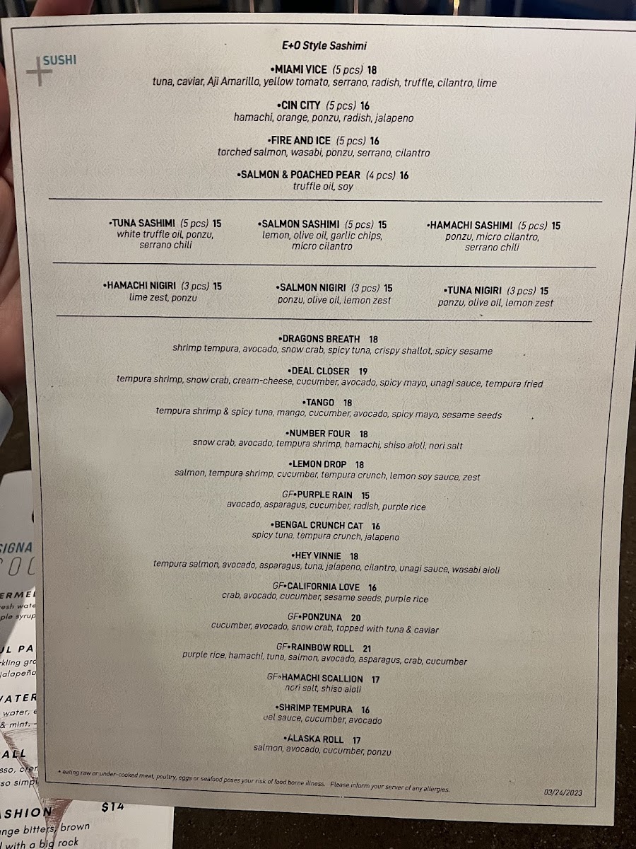 E+O Kitchen gluten-free menu