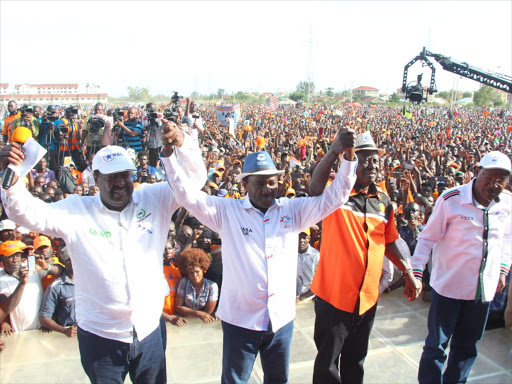 Nasa leaders, Musalia Mudavadi, Kalonzo Musyoka, Raila Odinga with Moses Wetang’ula during a rally in Kisumu on August 3, 2017/MAURICE ALAL