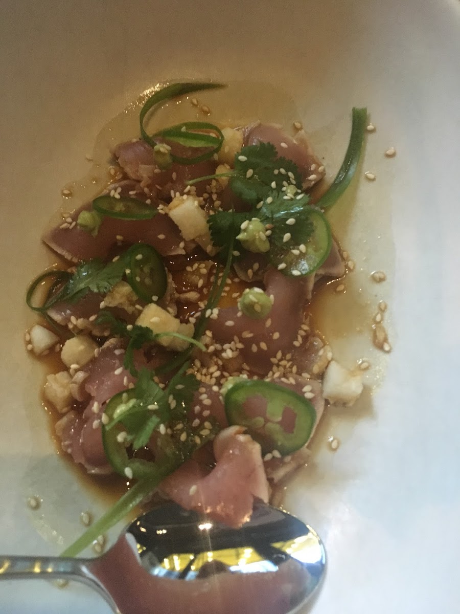 Wild Caught Albacore Tataki - gluten free starter...absolutely incredible! Just sub the gluten free soy sauce for the soy sauce to make it GF!