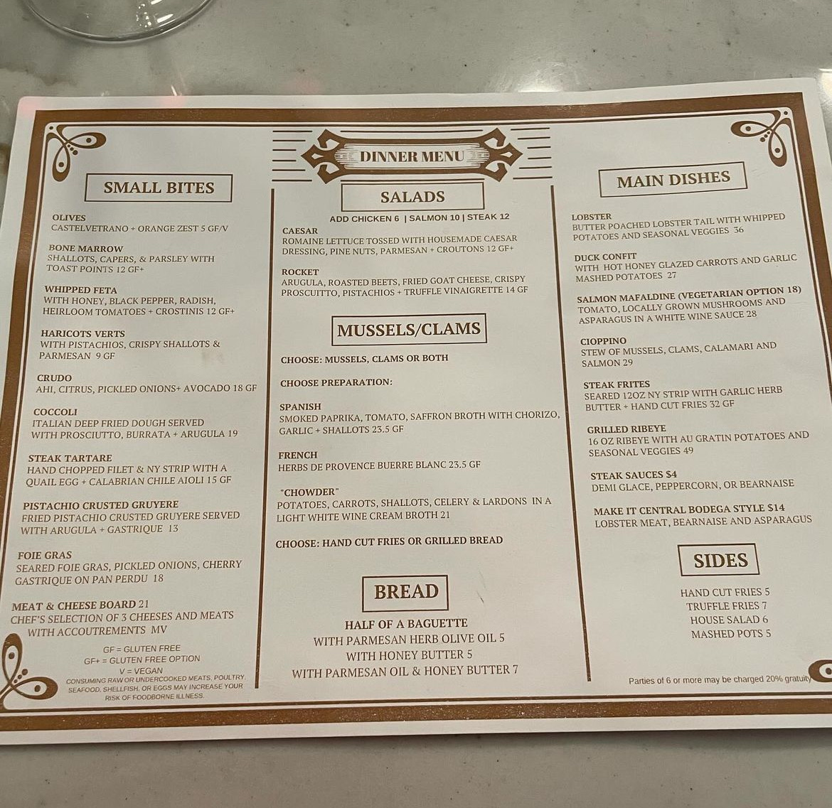 Central Bodega gluten-free menu