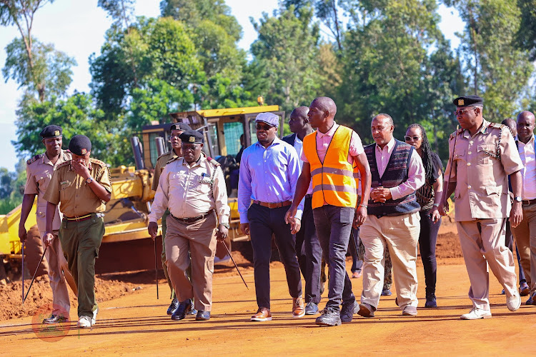 Interior PS Raymond Omollo accompanied by other leaders when he visited Masinde Muliro Stadium in Bungoma to assess preparations ahead of Madaraka Day celebration on May 9, 2024.