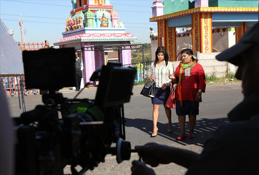 Actresses Jailoshini Naidoo and Maeshni Naicker on set of 'Keeping up with the Kandasamys' which was filmed in Chatsworth, Durban.