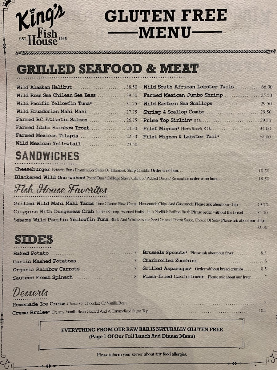 King's Fish House gluten-free menu