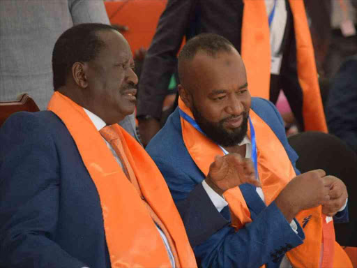 ODM party leader Raila Odinga with his deputy Hassan Joho (Mombasa Governor) during a delagates meeting at Orange House in Nairobi, February 23, 2018. /COURTESY