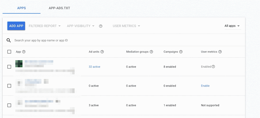 AdMob 管理画面のアプリの設定にあるアプリの表示切り替え機能。