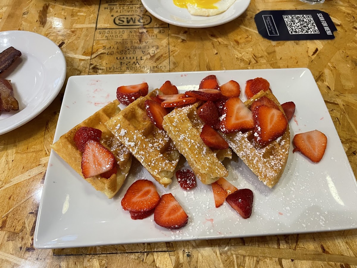 GF waffles with strawberries and salted caramel sauce - yummm!