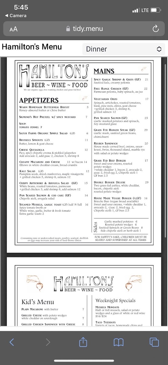 Hamilton's gluten-free menu