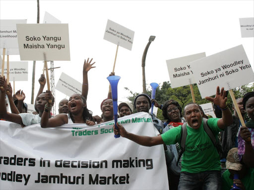 Traders from Woodley and Jamhuri market demonstrate along City Hall. /FILE