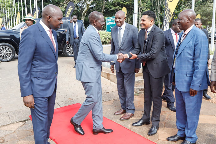 Roads and Transport Cabinet Secretary Kipchumba Murkomen, President William Ruto, Education Cabinet Secretary Ezekiel Machogu among other delegates during the launch of the National Road Safety Action Plan at the KICC on April 17, 2024.