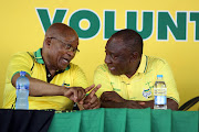 Former president Jacob Zuma and president Cyril Ramaphosa at the January 8 Celebration in JL Dube stadium in Inanda on January 8 2019 