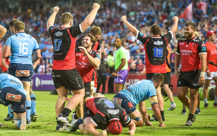 The Lions celebrate their win in last year's Jukskei Derby after the final whistle at Loftus Versfeld.