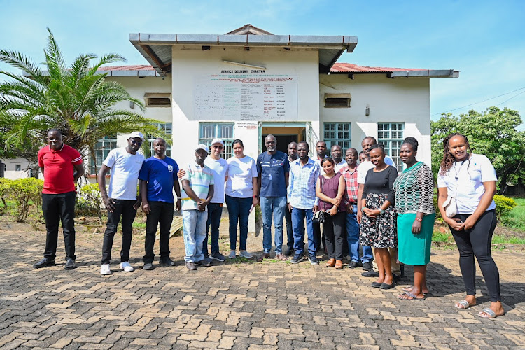 Kisumu Governor Anyang' Nyong'o and county health officials pose for a group photo after inspecting potential site for an advanced Bone Marrow Transplant and Hematology Centre on April 13, 2024.