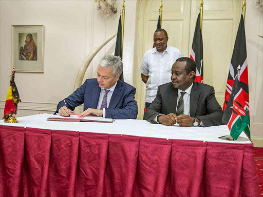 Deputy Prime Minister and Minister for Foreign Affairs of Belgium Didier Reynders, President Uhuru Kenyatta and Treasury CS Henry Rotich at State House, Nairobi, on Monday /PSCU