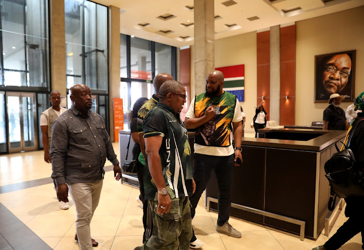 ANC SG Fikile Mbalula walks past a painting of former president Jacob Zuma. File image
