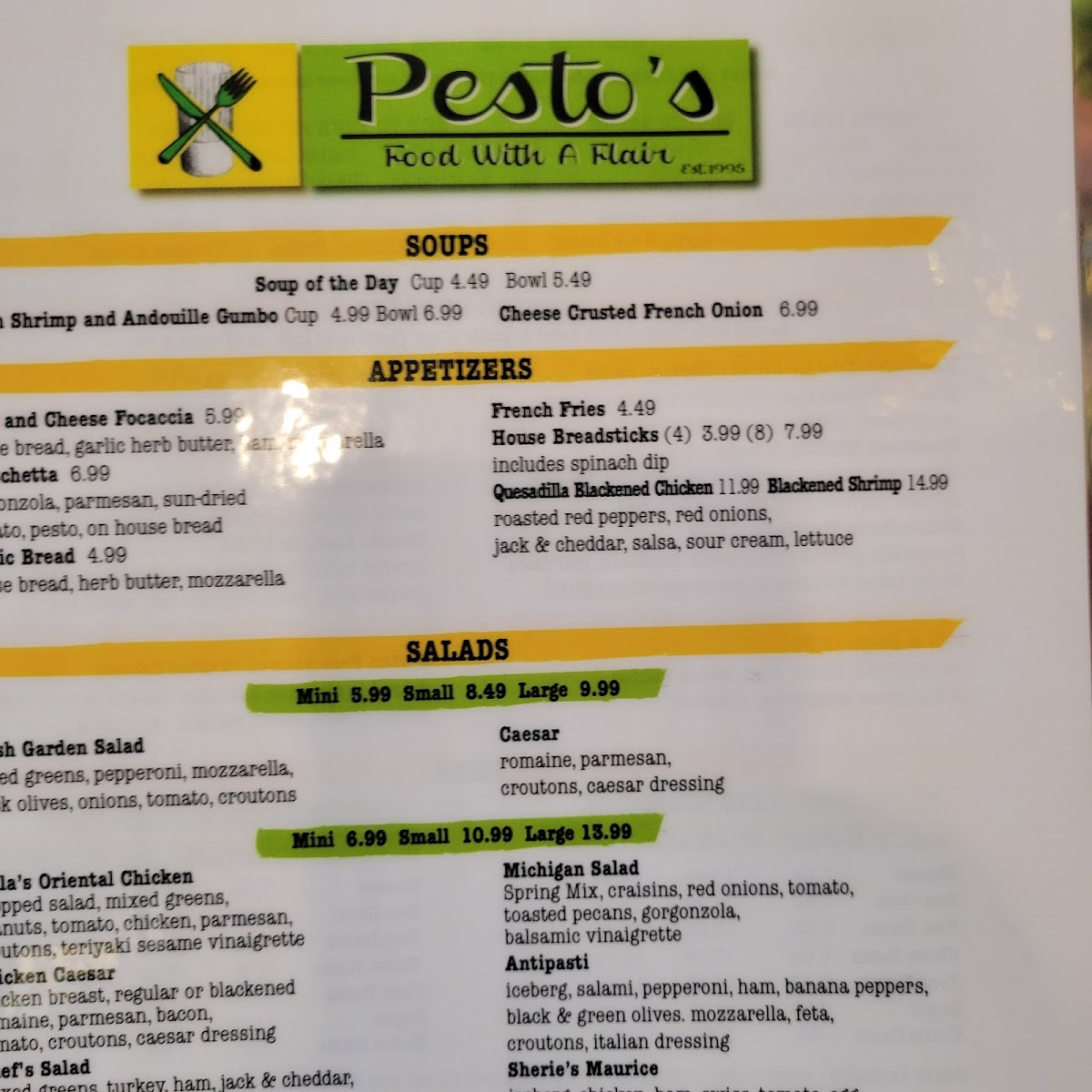 Pesto's gluten-free menu