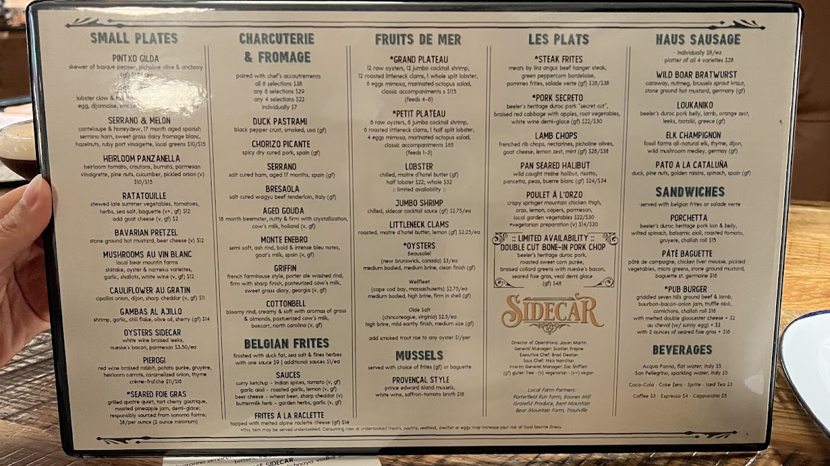 Sidecar gluten-free menu