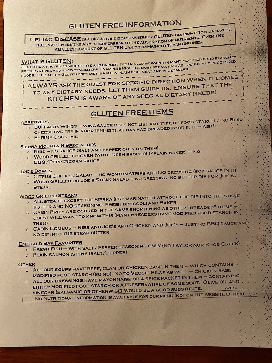 Tahoe Joe's gluten-free menu