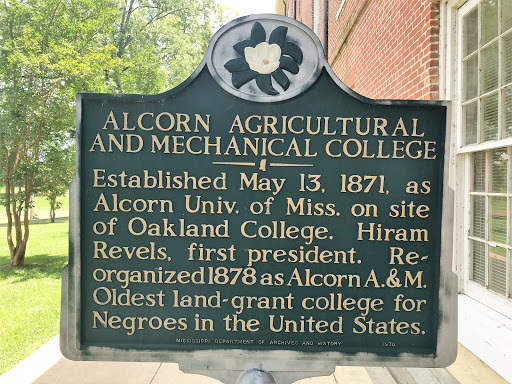 Established May 13, 1871, as Alcorn Univ. of Miss on site of Oakland College. Hiram Revels, first president. Reorganized 1878 and Alcorn A.&M. Oldest land-grant college for Negroes in the United States.