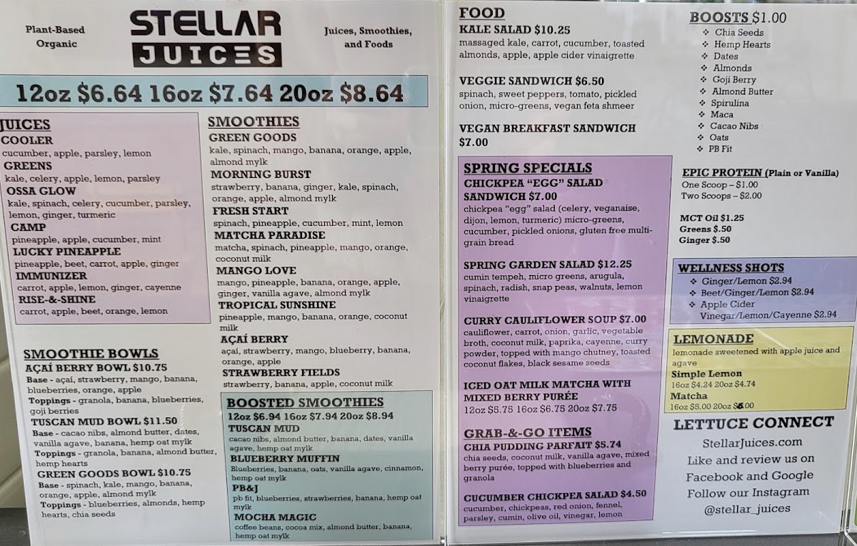 Stellar Juices gluten-free menu