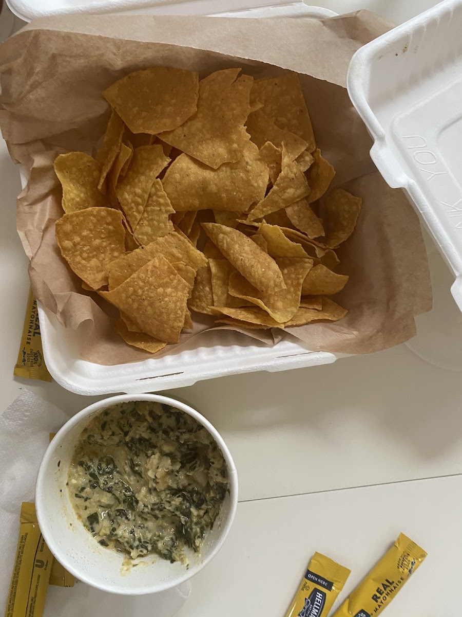 Crab and spinach dip with GF tortilla chips. Absolutely delicious