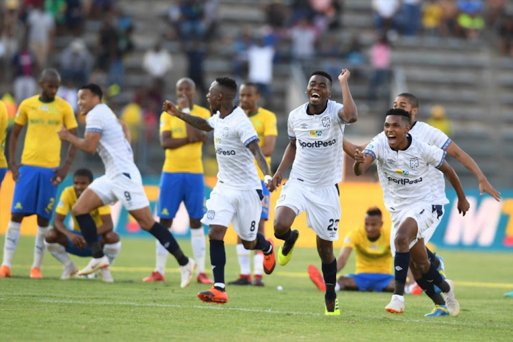 Cape Town City FC players celebrates during the MTN 8, semi final 2nd Leg match against Mamelodi Sundowns at Lucas Moripe Stadium on September 2 2018 in Pretoria.