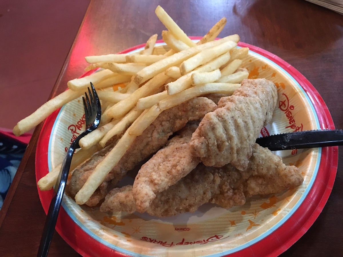 Chicken Strips and French Fries.  They even gave my daughter some packaged Ken's Ranch Dressing to dip here strips in.  2/2016