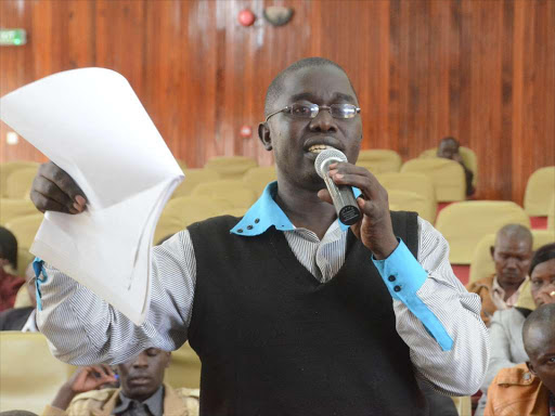 Baringo County based human rights activist Kipruto Kimosop addressing a Power Of Mercy Advocacy Committee(POMAC) public participation forum at the Kenya School of Government (KSG) in Baringo County on Saturday. He joined the residents to prefer life sentence for the inmates facing death sentence currently in the Kenyan prisons.PHOTO/JOSEPH KANGOGO