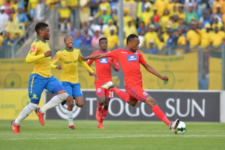 Thabo Mnyamane of Supersport United and Motjeka Madisha of Mamelodi Sundowns during the Absa Premiership match between Mamelodi Sundowns and Supersport United at Lucas Moripe Stadium on February 24, 2018 in Pretoria.