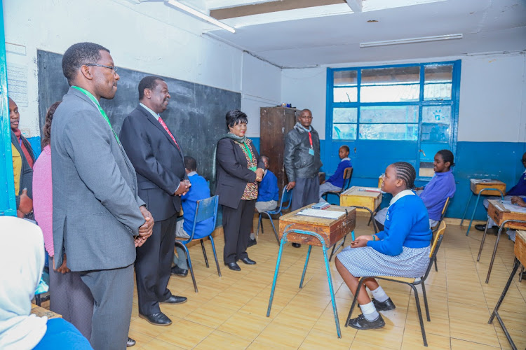 Prime Cabinet secretary Musalia Mudavadi at Kilimani Primary School in Nairobi where he led government officials in supervising the ongoing KCPE and KPSEA examinations on Tuesday, November 29.