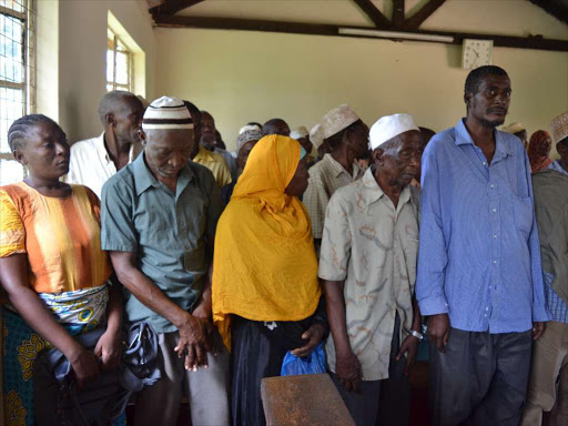 The 42 Mombasa Republican Council suspects arrested for allegedly holding an illegal meeting and be- ing members of an organised criminal group, at the Kwale law courts yesterday.