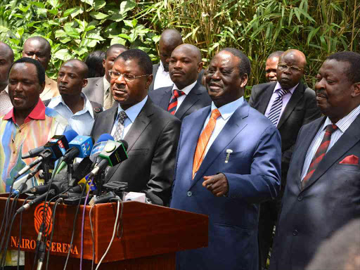 Opposition leaders led by Raila Odinga, Kalonzo Musyoka, Moses Wetangula and Musalia MUdavadi./FILE